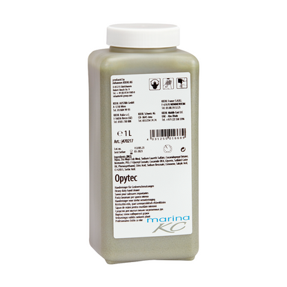 Rektangulär 1L-plastflaska med skruvlock som innehåller Kiehl Opytec Handreiniger für Grobverschmutzungen från Johannes Kiehl KG. Etiketten på framsidan innehåller produktdetaljer, instruktioner och tillverkarens information på flera språk.