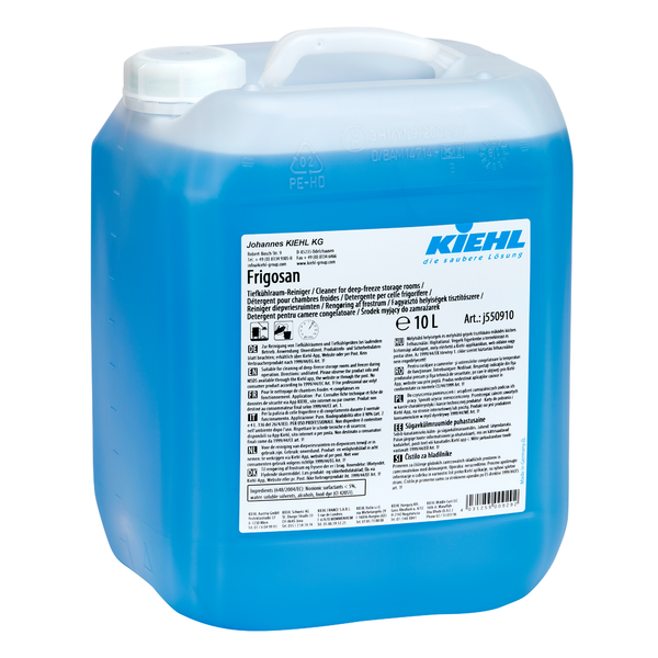 Ein 10-Liter-Kanister Kiehl Frigosan Tiefkühlraum-Reiniger der Johannes Kiehl KG, gefüllt mit blauer Flüssigkeit, durchscheinend. Das Etikett enthält Anweisungen, Warnhinweise und mehrsprachige Informationen.