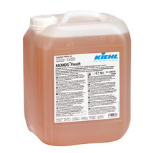 Ein 10-Liter-Kanister Kiehl ARCANDIS-Presoft Schonender Vorreiniger der Johannes Kiehl KG, mit weißem Schraubverschluss und einem großen mehrsprachigen Etikett mit Produkt- und Sicherheitsinformationen. Die Marke Kiehl ist auf dem Etikett gut sichtbar abgebildet.