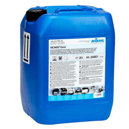 En stor blå 20-liters plastbehållare med skruvlock innehåller Kiehl ARCANDIS-Classic Intensiv-Diskmedel, lätt klorhaltigt från Johannes Kiehl KG, idealisk för professionella diskmaskiner. Vit etikett och svarta pilar markerar den upprätta positionen.