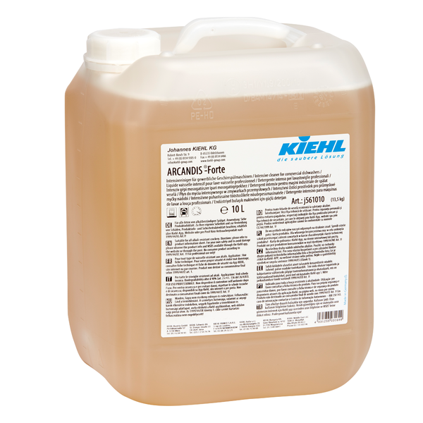 En 10-liters behållare av genomskinlig plast med vit skruvlock, fylld med bärnstensfärgad vätska. På etiketten står det på flera språk "Kiehl ARCANDIS-Forte intensivrengöringsmedel för kommersiella diskmaskiner" av Johannes Kiehl KG.