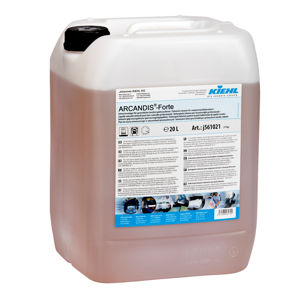 En 20-liters plastbehållare Kiehl ARCANDIS-Forte intensivrengöringsmedel för kommersiella diskmaskiner av Johannes Kiehl KG med vitt handtag och en detaljerad framsidesetikett med instruktioner och bilder.