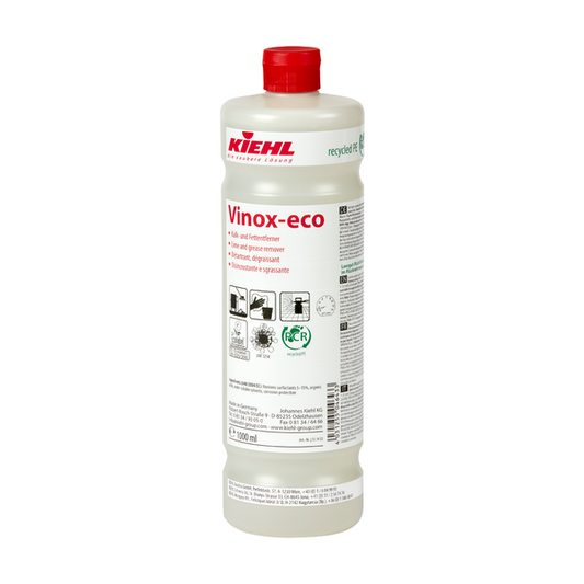 Weiße Kunststoffflasche des Kiehl Vinox-eco Kalk- und Fettentferners der Johannes Kiehl KG mit roter Verschlusskappe. Auf dem Frontetikett befinden sich Produktangaben, Anwendungshinweise und Piktogramme.