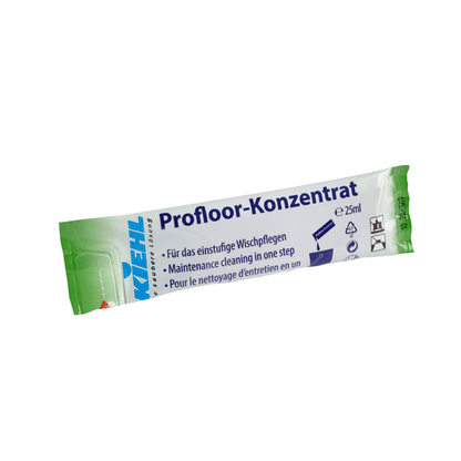 En 25 ml påse Kiehl Profloor-koncentrat För enkelstegsmoppning av Johannes Kiehl KG med tysk, engelsk och fransk text, grönt/blått/vitt varumärke och ikoner för moppanvändning och säkerhetsanvisningar.