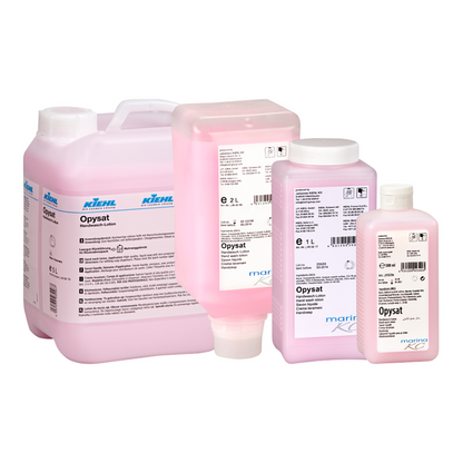 Fyra behållare med Kiehl Opysat handtvål från Johannes Kiehl KG (1-5L) med vitt lock och detaljerade etiketter erbjuder en pH-neutral, skonsam handrengöring. Varumärket "Kiehl" är tydligt synligt på varje behållare.