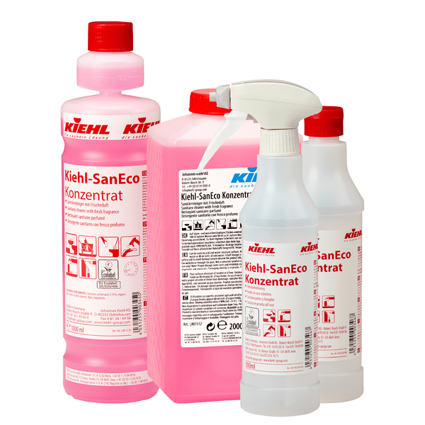 Avbildade är sex tomma 500 ml Kiehl-SanEco trattflaskor från Johannes Kiehl KG, vardera med antingen skumsprej eller sprutkork. Flaskorna är försedda med etiketter för bruksanvisningen.