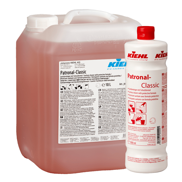 Två förpackningar av Kiehl Patronal-Classic Sanitetsrengöring med skyddsformel från Johannes Kiehl KG - en 10L-dunk och en 1L-flaska, båda med vit etikett och röd text; med biologiskt nedbrytbar formel.
