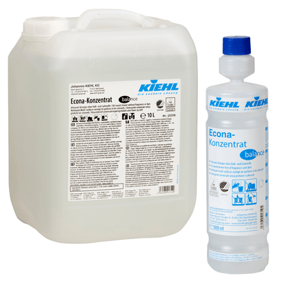 Avbildade är två förpackningar av Kiehl Econa-koncentrat balance Allround-rengöringsmedel utan doft- och färgämnen från Johannes Kiehl KG: till vänster en 10-liters dunk och till höger en 1-liters flaska, båda med produktinformation.