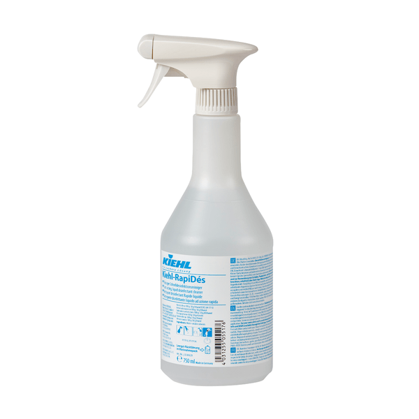 Kiehl RapiDés flytande snabbdesinfektionsrengöringsmedel från Johannes Kiehl KG finns i en klar plastflaska med vit sprayhuvud. På flaskan finns en blå-vit etikett med produktinformation och bruksanvisning.