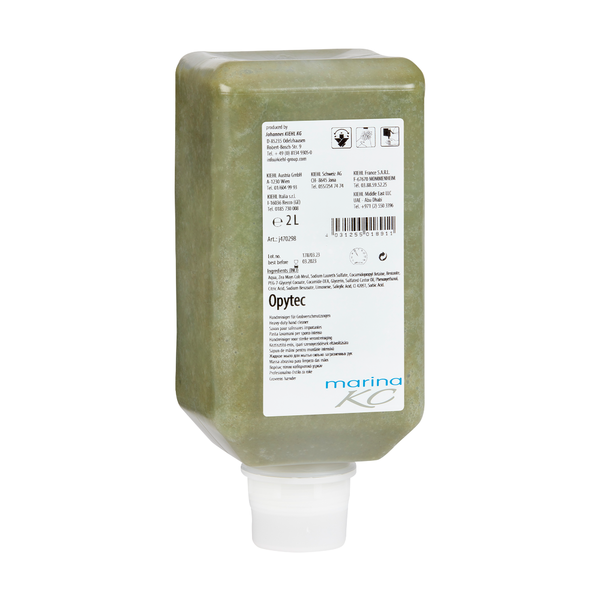 En 2-liters rektangulär flaska med den grönaktiga Kiehl Opytec Handreiniger für Grobverschmutzungen från Johannes Kiehl KG med en vit informationsetikett och bred dispenser på botten innehåller effektiv handrengöring för kraftig nedsmutsning.