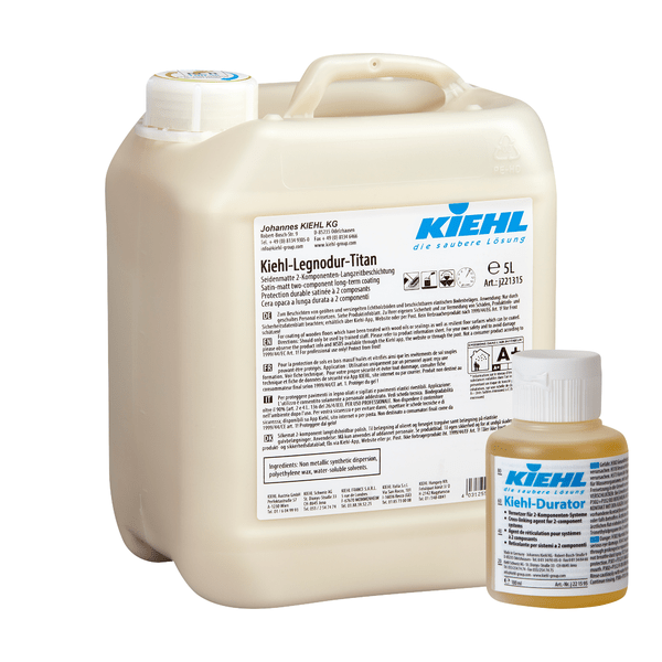 En 5L-flaska Kiehl-Legnodur-Titan med Kiehl-Durator sidenmatt 2-komponents permanentbeläggning (Johannes Kiehl KG) och en 100ml-flaska är avbildade mot en vit bakgrund.