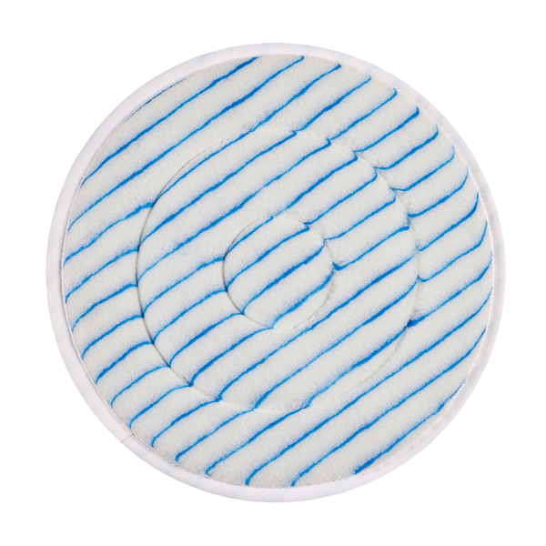 Das Kiehl Microfaserpad der Johannes Kiehl KG ist ein rundes, weißes Reinigungspad mit blauen Diagonalstreifen und Spiralmuster, abgeschlossen mit einem dünnen weißen Rand - ideal für die professionelle Reinigung, abgebildet auf einem schlichten weißen Untergrund.