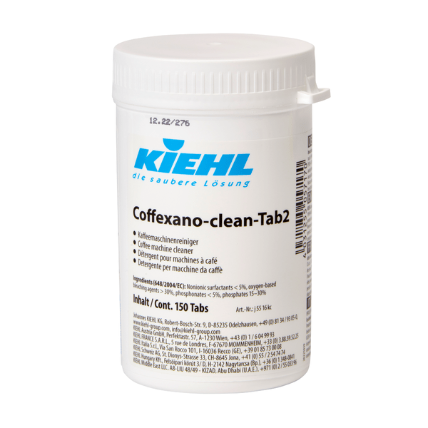 En vit plastbehållare från Johannes Kiehl KG med texten "Kiehl Coffexano-cleanTab2 Kaffeemaschinenreiniger" rymmer 150 rengöringstabletter för kaffemaskiner och innehåller beskrivningar på tyska, engelska och franska med ett skruvlock.