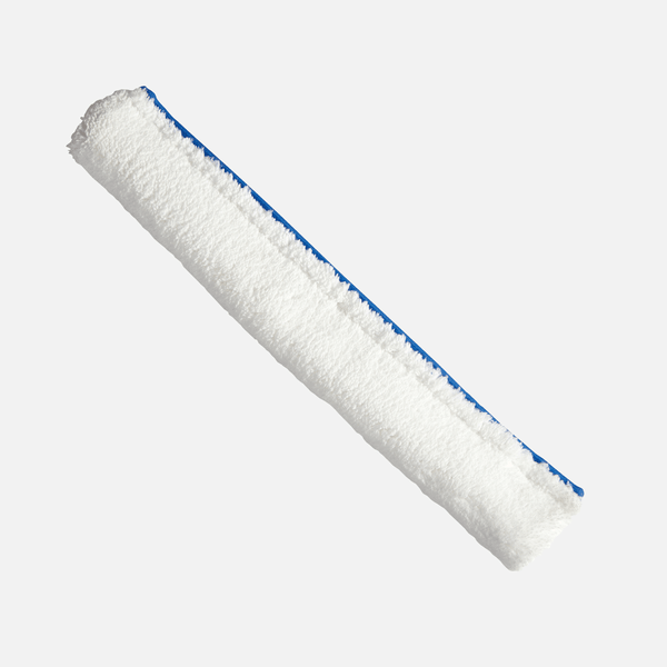 Avbildad är ett vitt, rektangulärt Johannes Kiehl KG lösningsmedelsbeständigt överdrag för mopp (40 cm, 1 styck) med blå söm på enfärgad ljus bakgrund.