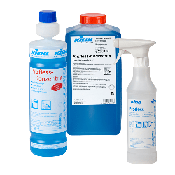 Tre Kiehl Profless-behållare: en blå 500 ml trattflaska tom med 6 aerosolfri spruta (Johannes Kiehl KG) och två stora blå kannor med röda lock, alla märkta med Profless-koncentrat ytrengöringsmedel.