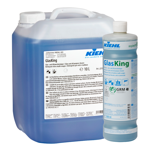 En blå, genomskinlig 10-liters behållare och en 1-liters flaska Kiehl GlasKing fönster-, glas- och allrengöringsmedel från Johannes Kiehl KG, båda med vita etiketter med text och logotyper.