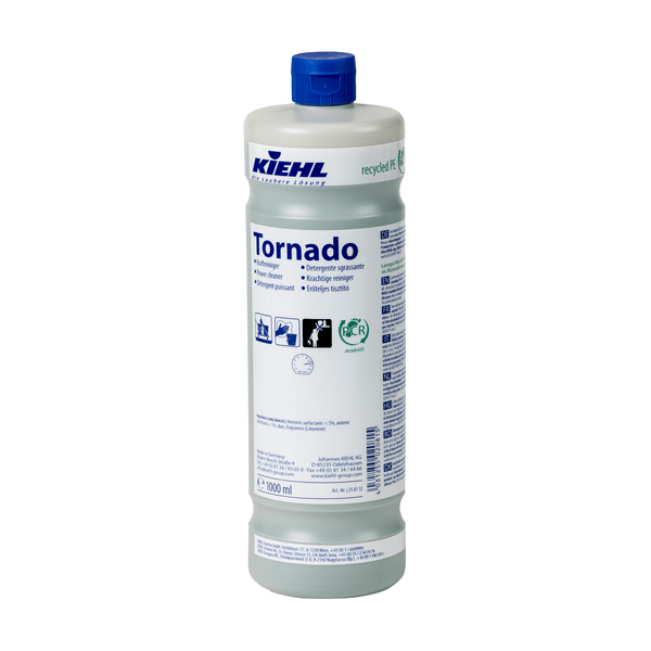 Vit 1L-plastflaska Kiehl Tornado Kraftreiniger från Johannes Kiehl KG med blått lock och produktinformation samt eko-certifiering i blå text, idealisk för industriell rengöring.