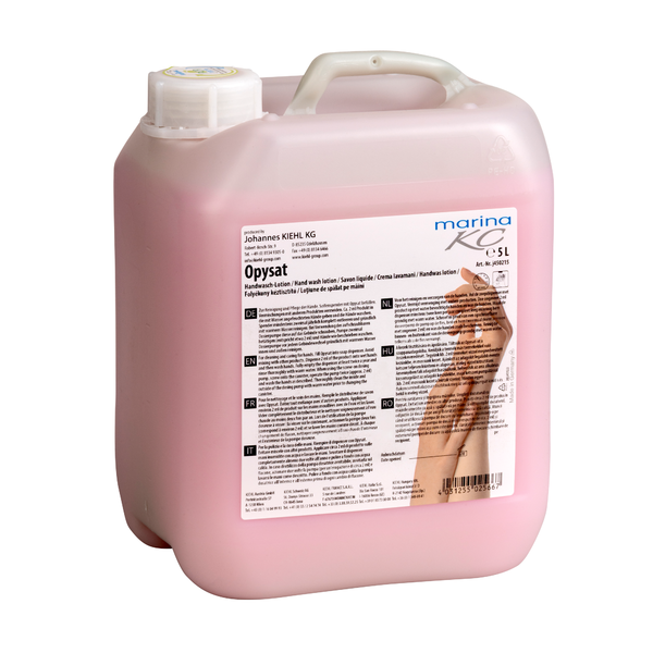 I en rosa 5-liters plastbehållare med vitt lock, märkt på flera språk, finns Kiehl Opysat handtvål från Johannes Kiehl KG, en pH-neutral tvål för skonsam handrengöring.