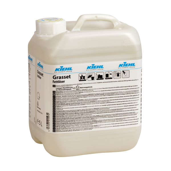 Ein 5-Liter-Kunststoffbehälter von Kiehl Grasset Fettlöser der Johannes Kiehl KG, ein kraftvoller Küchenfettlöser mit weißem Deckel und ausführlicher Anleitung und Symbolen auf dem Frontetikett.