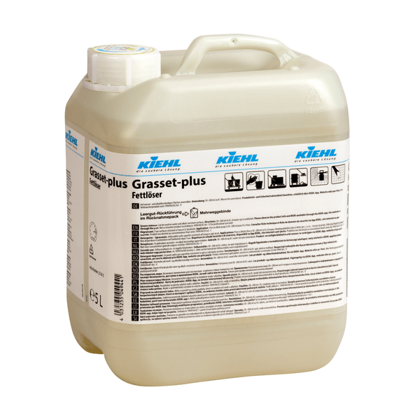 En 10-liters plastbehållare av Kiehl Grasset-plus fettlösare från Johannes Kiehl KG, en effektiv fettlösare och rengöringsmedel för alla ytor, med vit skruvlock och en etikett med produktinformation, instruktioner och säkerhetssymboler.