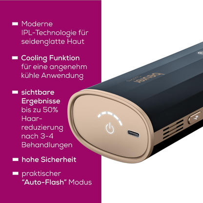 En närbild av Beurer IPL-hårborttagningsapparat IPL 7800 COOL PRO från Beurer GmbH i svart och guld. Enheten visas från ett perspektiv för att framhäva strömknappen, kylfunktionen och 'Auto-Flash'-läget. Tysk text runt enheten beskriver dess moderna IPL-ljusteknologi och dess fördelar.