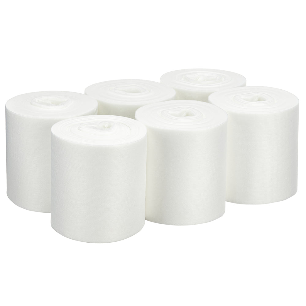 Sex oöppnade rullar WypAll® Wettask™ torkdukar, vita (6 påfyllningsförpackningar x 90 ark), från Kimberly-Clark GmbH, är upprätt arrangerade i två rader på vit bakgrund, så att de tätt lindade, cirkulära topparna är tydligt synliga.