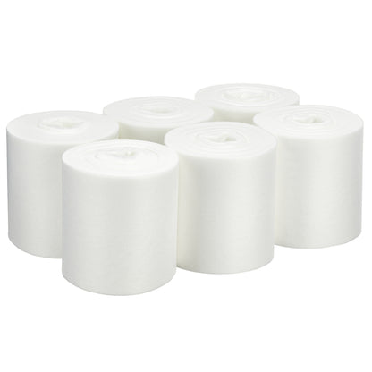 Sex oöppnade rullar WypAll® Wettask™ torkdukar, vita (6 påfyllningsförpackningar x 90 ark), från Kimberly-Clark GmbH, är upprätt arrangerade i två rader på vit bakgrund, så att de tätt lindade, cirkulära topparna är tydligt synliga.