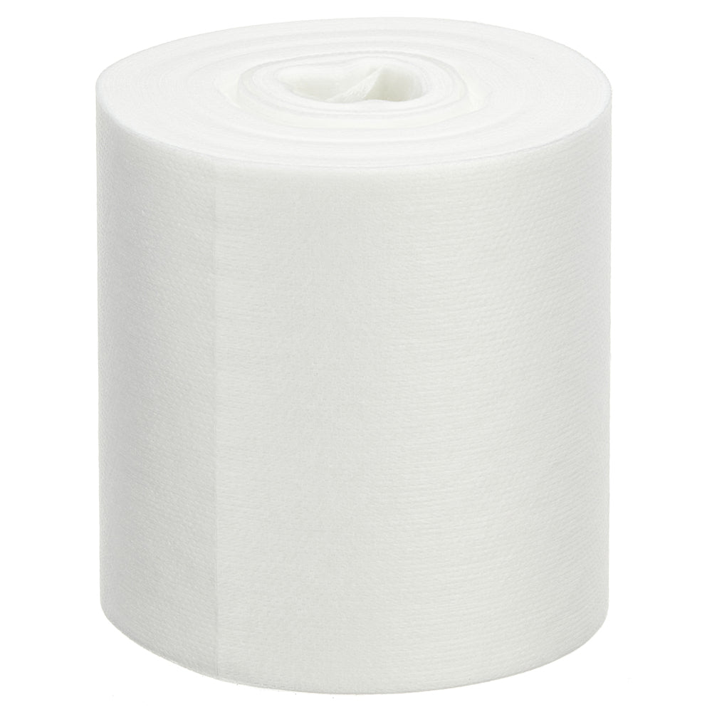 En rulle WypAll® Wettask™ torkdukar från Kimberly-Clark GmbH står upprätt mot en vit bakgrund och innehåller 6 påfyllningsförpackningar x 90 ark per kartong, idealisk för alla rengöringsuppgifter.