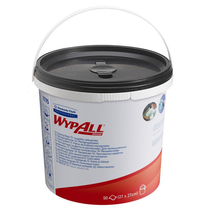 En grön WypAll® torkduksdispenserhink från Kimberly-Clark GmbH innehåller 90 nonwoven-dukar; säljs som 6 hinkar x 90 dukar per kartong.
