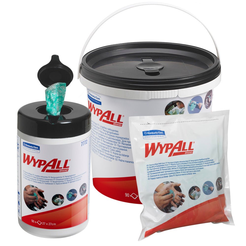 WypAll® torkdukar - Grön från Kimberly-Clark GmbH finns i tre behållare: en pop-up-behållare, en stor hink med handtag och en påfyllningspåse - alla med logotypen och bilder av händer som rengörs med dessa mjuka nonwoven-dukar.