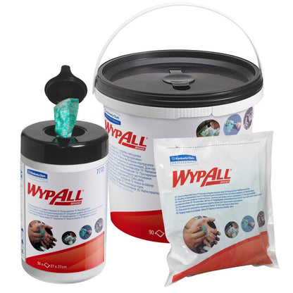 WypAll® torkdukar - Grön från Kimberly-Clark GmbH finns i tre behållare: en pop-up-behållare, en stor hink med handtag och en påfyllningspåse - alla med logotypen och bilder av händer som rengörs med dessa mjuka nonwoven-dukar.