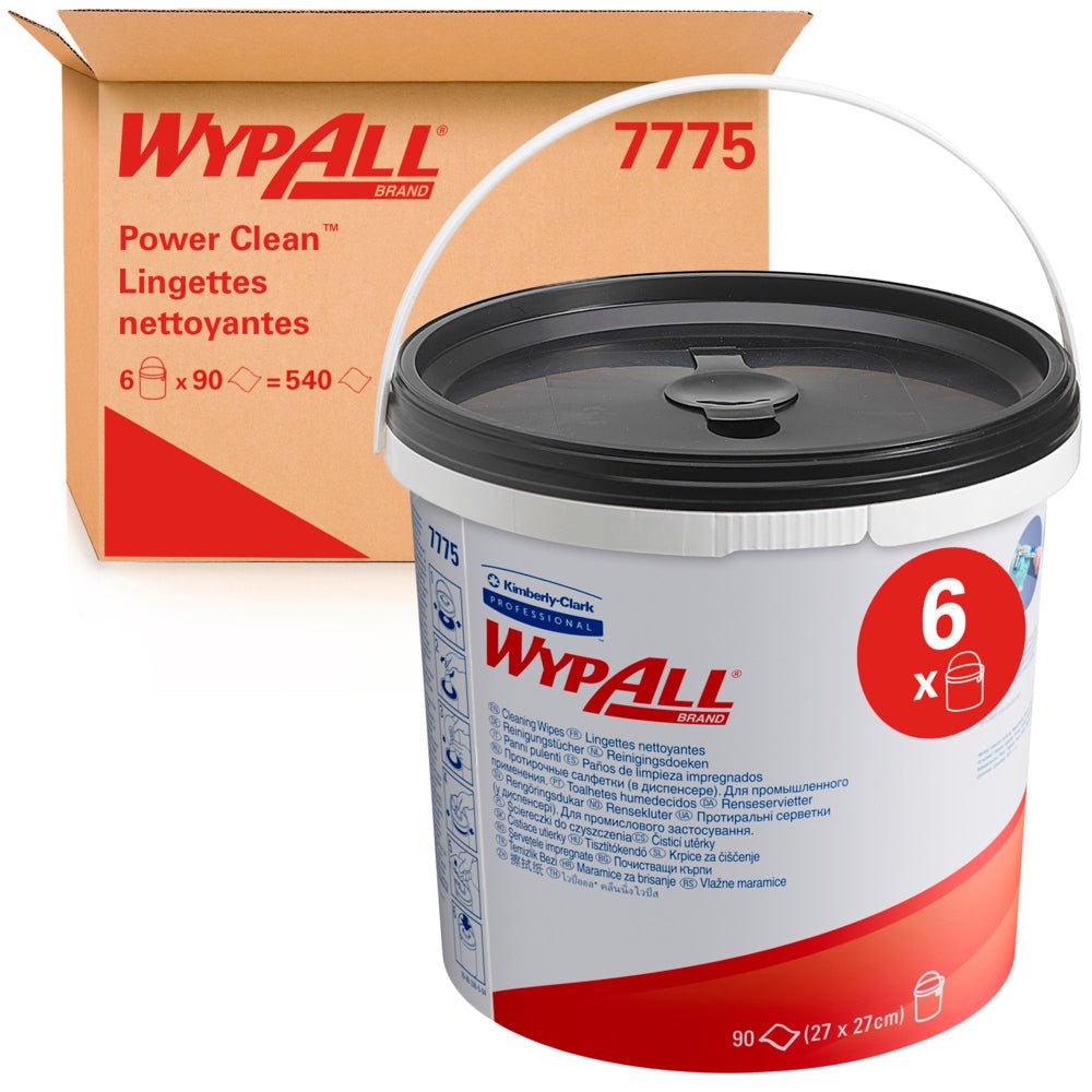 En grön behållare med WypAll® torkdukar (Kimberly-Clark GmbH), 90 ark, är avbildad tillsammans med en låda märkt "6 dispenserhinkar" med vardera 90 dukar (totalt: 6 hinkar x 90 ark) framför en brun WypAll 7775-kartong.