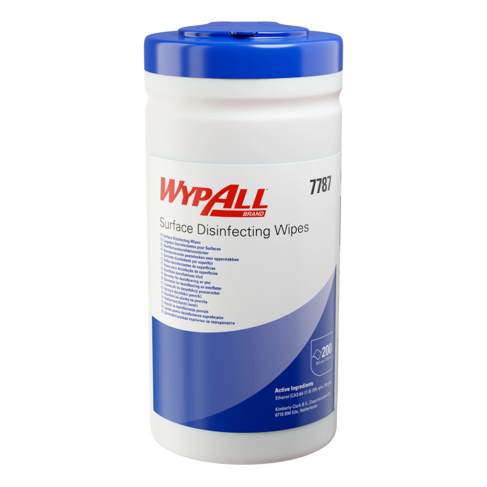 En vit, cylindrisk Kimberly-Clark GmbH WypAll® ytdesinfektionsservettsdispenserhink rymmer 200 servetter per hink och är försedd med produktinformation och användningsinstruktioner. Säljs som 10 burkar x 200 ark i en kartong för en effektiv ytrengöring.
