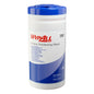 En vit, cylindrisk Kimberly-Clark GmbH WypAll® ytdesinfektionsservettsdispenserhink rymmer 200 servetter per hink och är försedd med produktinformation och användningsinstruktioner. Säljs som 10 burkar x 200 ark i en kartong för en effektiv ytrengöring.