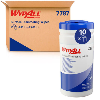 En WypAll® ytdesinfektionsservettsdispenserhink (vit, 200 servetter) från Kimberly-Clark GmbH står framför en kartong med 10 hinkar och säkerställer effektiv desinfektion av olika ytor med blått lock.