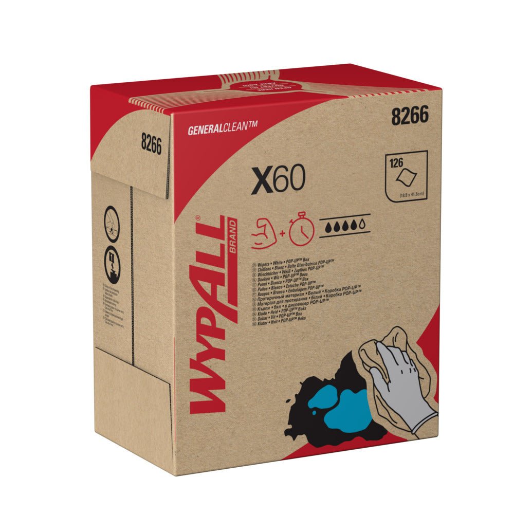 WypAll® X60 General Clean dispenserbox från Kimberly-Clark GmbH (8266) innehåller 126 vita dukar per låda, har en röd och svart branding med en hand som rengör en blå fläck, och är idealisk för industriell rengöring. Säljs som 10 lådor x 126 ark.