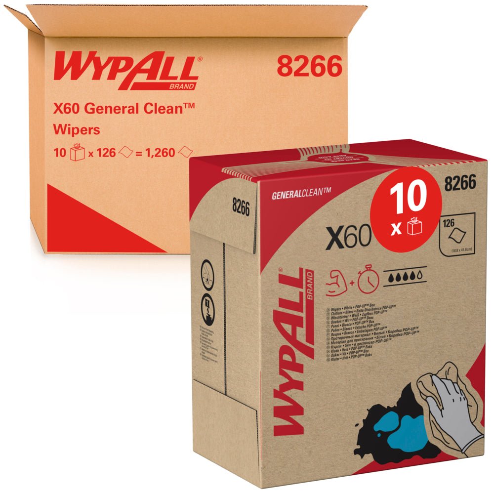 En stor brun fraktkartong innehåller 10 WypAll® X60 General Clean dispenserboxar (vit, varje 126 dukar) från Kimberly-Clark GmbH, där varje låda är märkt med varumärke, produktinformation och rengöringsduk-illustrationer.