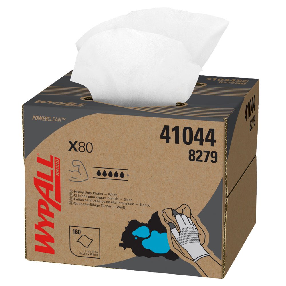 En brun kartong med texten "WypAll® X80 PowerClean - BRAG™ Box / Vit - 1 Brag Box x 160 ark | Kartong (1 Box)" från Kimberly-Clark GmbH, med en vit rengöringsduk på toppen och produktbilder för industriell rengöring.