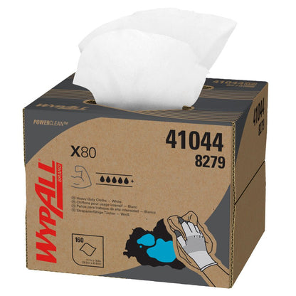 En brun kartong med texten "WypAll® X80 PowerClean - BRAG™ Box / Vit - 1 Brag Box x 160 ark | Kartong (1 Box)" från Kimberly-Clark GmbH, med en vit rengöringsduk på toppen och produktbilder för industriell rengöring.