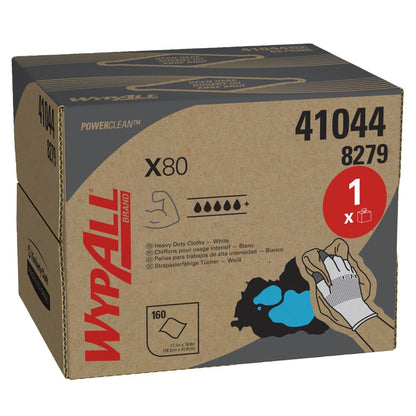En kartong med WypAll® X80 PowerClean - BRAG™ Box / Vit från Kimberly-Clark GmbH innehåller 160 vita ark. Kartongen innehåller produktinformation, symboler för absorptionsförmåga och en bild av en hand med handskar som rengörs för industriellt bruk.