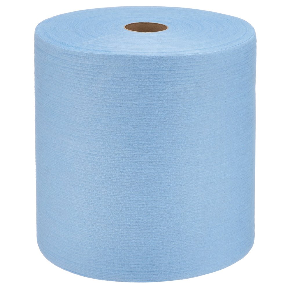 En WypAll® X80 PowerClean stor rulle (31,00 x 31,50 cm) från varumärket Kimberly-Clark GmbH med en liten brun kartongkärna står upprätt mot en vit bakgrund.