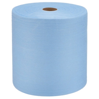En WypAll® X80 PowerClean stor rulle (31,00 x 31,50 cm) från varumärket Kimberly-Clark GmbH med en liten brun kartongkärna står upprätt mot en vit bakgrund.