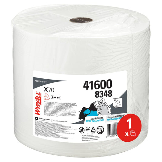 WypAll® X70 PowerClean storrulle i vitt från Kimberly-Clark GmbH (1 rulle à 870 ark, art.nr. 41600 8348) är förpackad i genomskinlig plast och är idealisk för industriell rengöring.