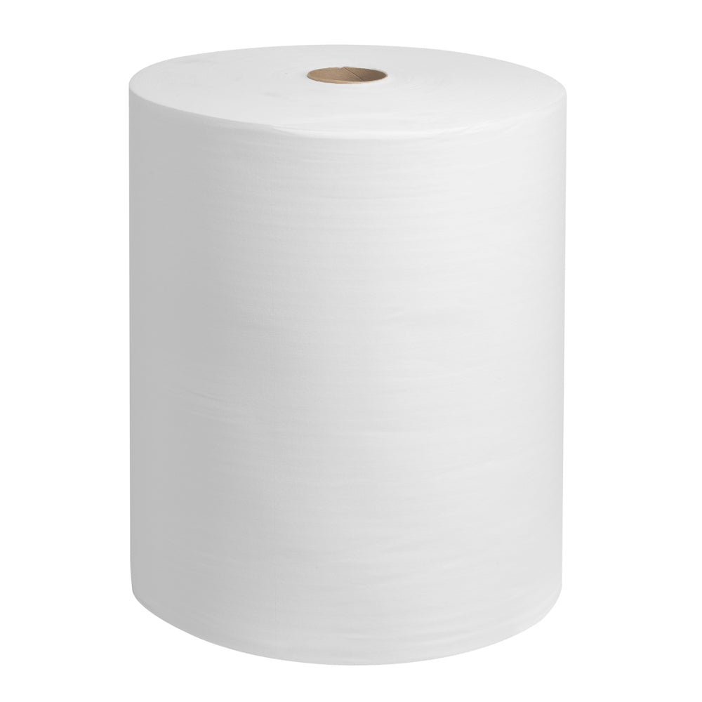 En WypAll® X60 General Clean storarulle från Kimberly-Clark GmbH, 1 vit rulle med 650 ark, står upprätt och visar sin cylindriska form och sin bruna papperskärna mot en enfärgad bakgrund.