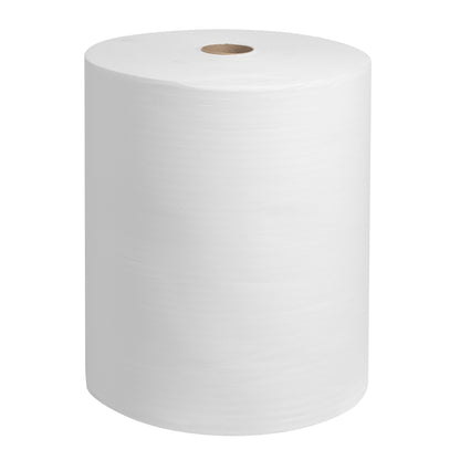 En WypAll® X60 General Clean storarulle från Kimberly-Clark GmbH, 1 vit rulle med 650 ark, står upprätt och visar sin cylindriska form och sin bruna papperskärna mot en enfärgad bakgrund.