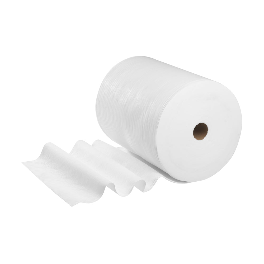 En WypAll® X60 General Clean storarulle från Kimberly-Clark GmbH, vit, 1 rulle med 650 dukar, visas lätt utrullad på vit bakgrund - idealisk för rengöring.