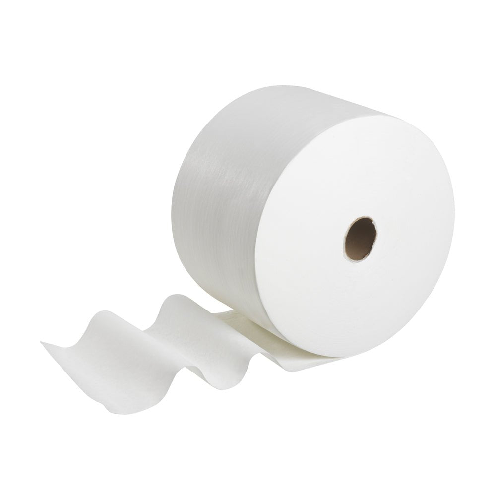 En stor rulle WypAll® X50 General Clean absorberande dukar från Kimberly-Clark GmbH med några utrullade ark visas mot en enkel vit bakgrund.