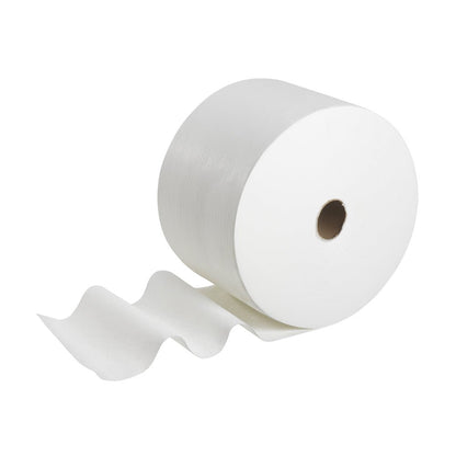 En stor rulle WypAll® X50 General Clean absorberande dukar från Kimberly-Clark GmbH med några utrullade ark visas mot en enkel vit bakgrund.