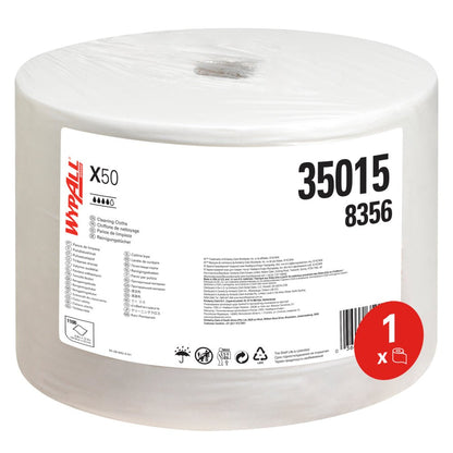 En vit stor rulle WypAll® X50 General Clean från Kimberly-Clark GmbH, 1 rulle x 1100 ark (stor rulle, vit), i genomskinlig plastförpackning med produktinformation och symboler på etiketten.