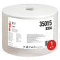 En vit stor rulle WypAll® X50 General Clean från Kimberly-Clark GmbH, 1 rulle x 1100 ark (stor rulle, vit), i genomskinlig plastförpackning med produktinformation och symboler på etiketten.